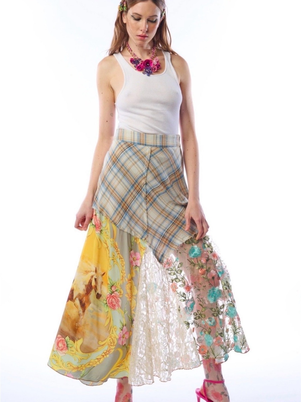 Aratta Multi-Panel Asymmetrical Maxi Skirt in Yellow, Blue & Pink
